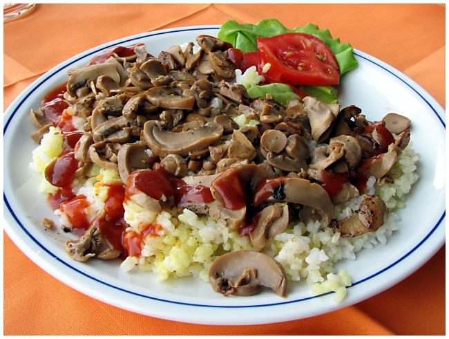 IMG_6869 This unslightly looking dish was supposed to be mushroom risotto. Canned mushrooms plopped onto rice topped off with ketchup